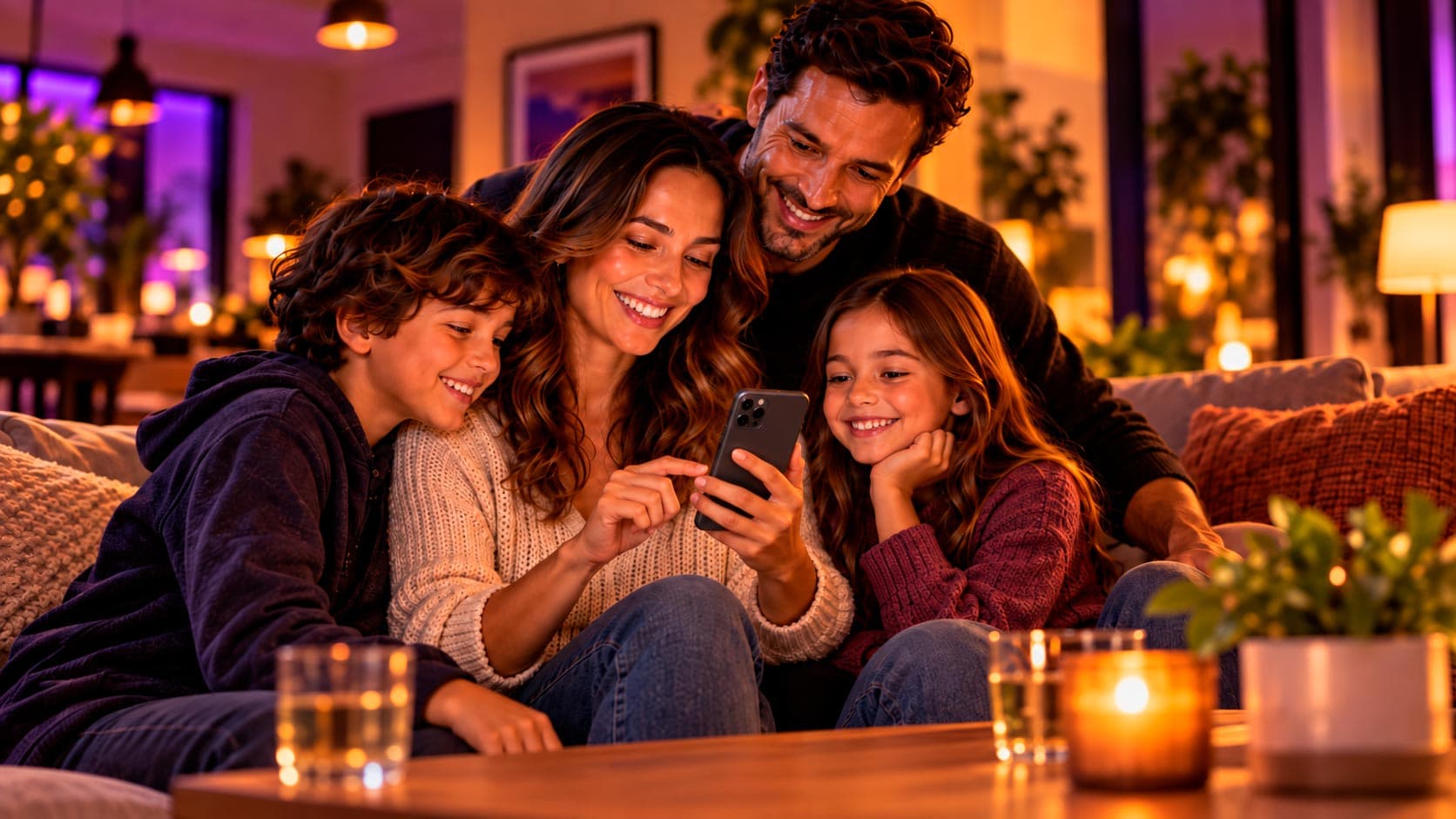 Familia no sofa escolhendo o pedido pelo celular