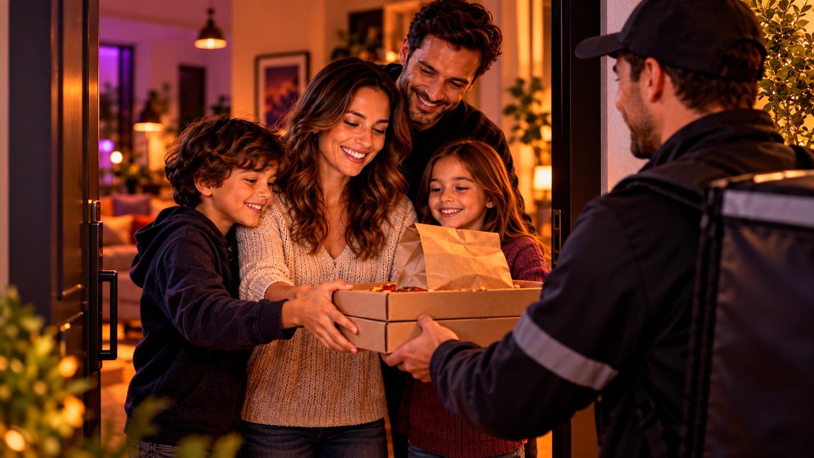 Entregador entregando as pizzas para a familia na porta